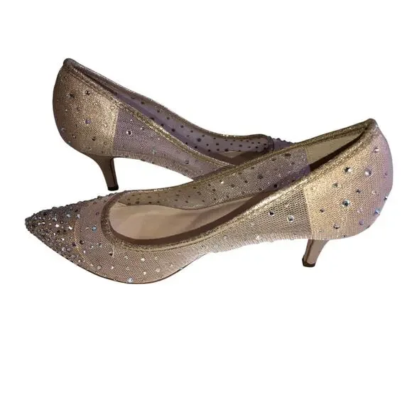 Kitten Heel Crystal Studded Pumps Size 8 Mesh Hurley Davids Bridal Nude Wedding - Picture 3 of 8